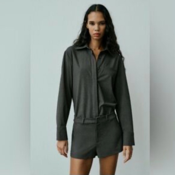 Zara Pants - Dark grey  Button-Up Shirt and Matching Shorts Set